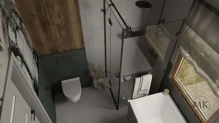 Wnętrze łazienki w stylu art deco, boho, minimaluxe, nowoczesnym z drewnem i zielonymi kafelkami.