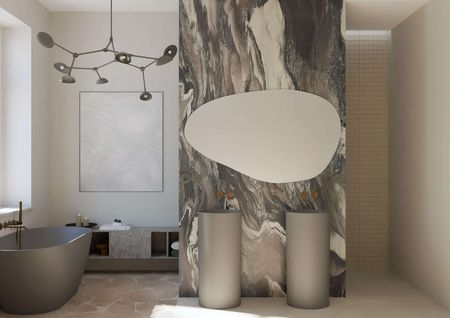 Wnętrze łazienki w stylu quiet luxury, soft minimalizm i vintage z elegancką armaturą.