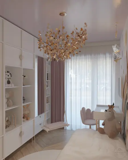 Pokój dziecięcy z jasnymi meblami i huśtawką, styl glamour i nowoczesny.