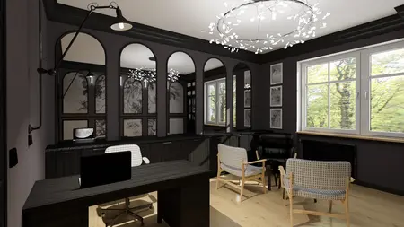 Wnętrze gabinetu w stylu art deco z minimalistycznymi meblami i nowoczesnym oświetleniem.