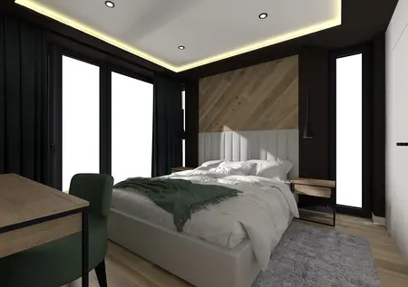 Sypialnia w stylu industrialnym z drewnianymi detalami, dużym łóżkiem, ciemnymi zasłonami.