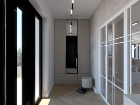 Przedpokój w stylu art deco i quiet luxury z szafą, dużymi oknami i podłogą drewnianą.