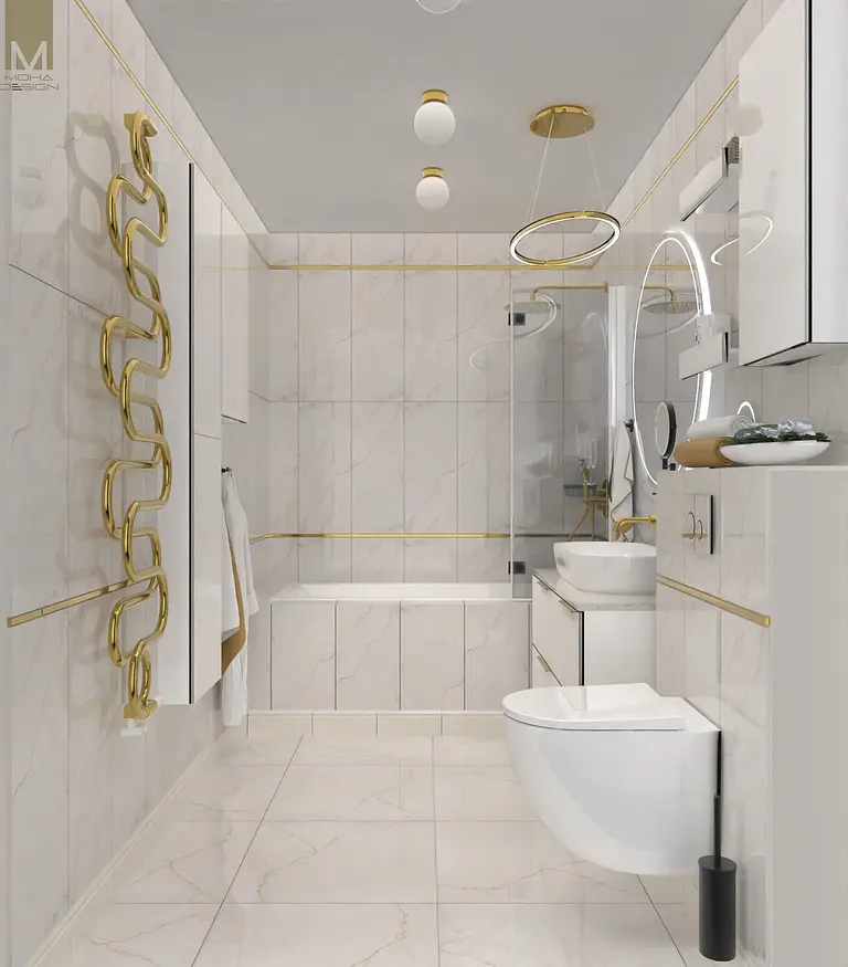 Nowoczesna łazienka z białymi kafelkami, złotymi detalami, w stylu boho i minimaluxe.