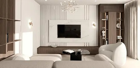 Wnętrze salonu w stylu minimalistycznym z nowoczesnymi meblami i drewnianymi detalami.