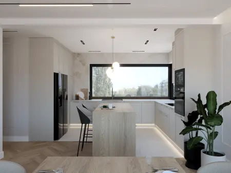Nowoczesna kuchnia w stylu art deco i quiet luxury z drewnianą wyspą i dużym oknem.
