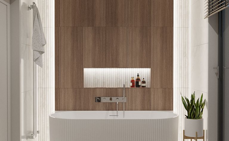 Nowoczesna łazienka z wanną, drewnianą ścianą, rośliną i minimalistycznym designem.