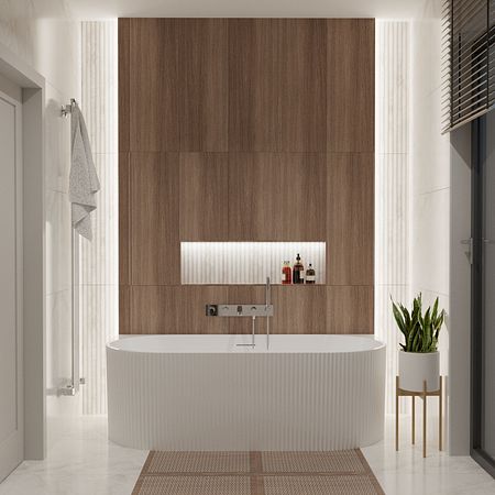 Nowoczesna łazienka z wanną, drewnianą ścianą, rośliną i minimalistycznym designem.