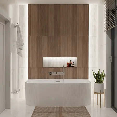Nowoczesna łazienka z wanną, drewnianą ścianą, rośliną i minimalistycznym designem.