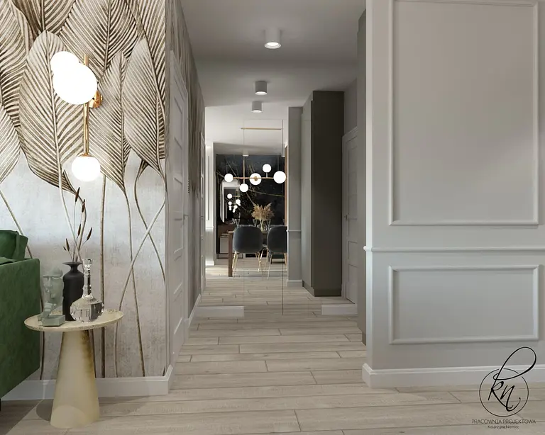Nowoczesny korytarz z zieloną sofą i designerskimi lampami