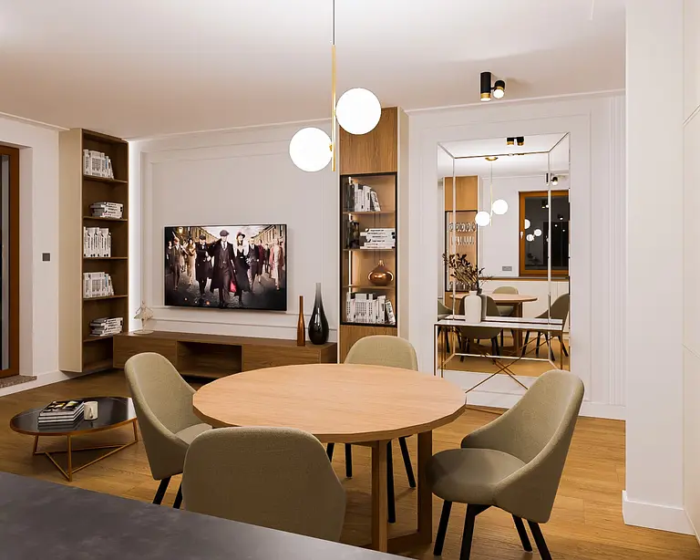 Wnętrze salonu w stylu art deco, nowoczesnym i quiet luxury z drewnianym stołem.