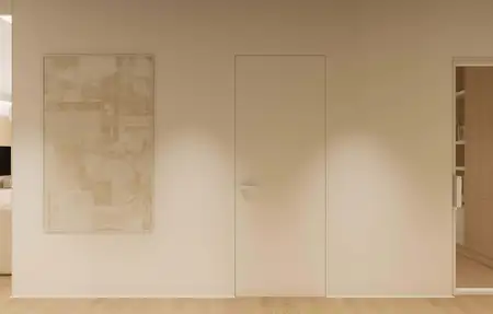 Minimalistyczne wnętrze z obrazem i drzwiami w stylu japandi, nowoczesnym i quiet luxury.