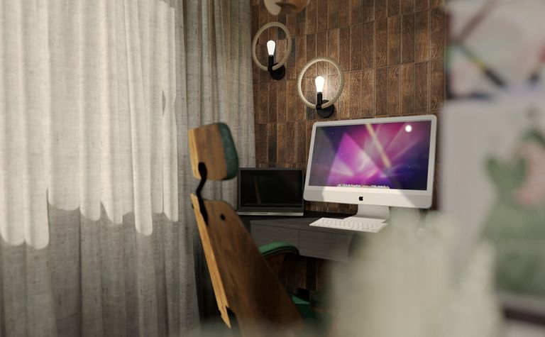 Gabinet w stylu industrialnym i minimalistycznym z biurkiem, komputerem i drewnianą ścianą.