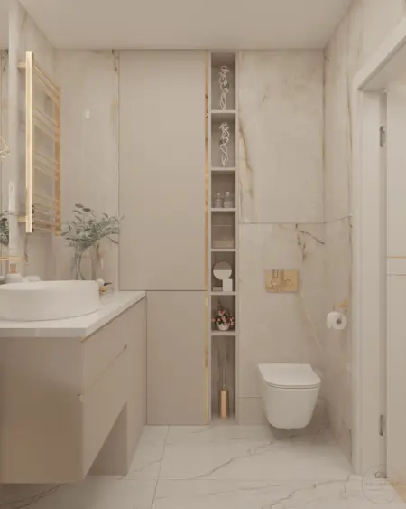Nowoczesna łazienka w stylu glamour z beżowymi meblami i złotymi detalami.