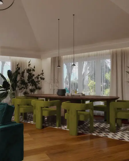 Wnętrze jadalni w stylu art deco z zielonymi krzesłami.