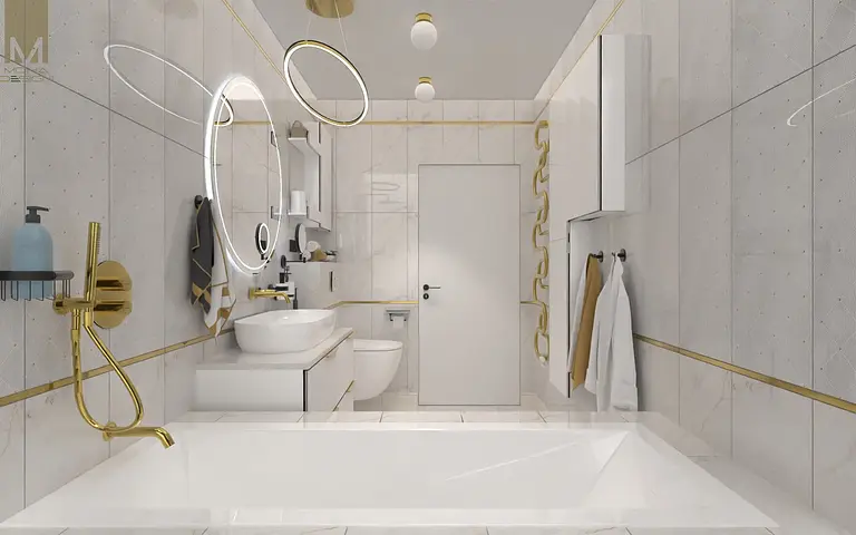 Stylowa łazienka w stylu boho, glamour i nowoczesnym z złotymi detalami.