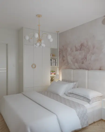 Sypialnia w stylu glamour z białym łóżkiem i eleganckim oświetleniem.