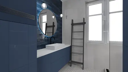Wnętrze łazienki w stylu art deco z niebieskimi meblami, minimalistycznymi detalami.