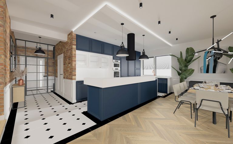 Wnętrze kuchni z niebieskimi meblami i ceglaną ścianą w stylu industrialnym i tradycyjnym.