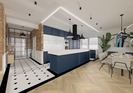 Wnętrze kuchni z niebieskimi meblami i ceglaną ścianą w stylu industrialnym i tradycyjnym.