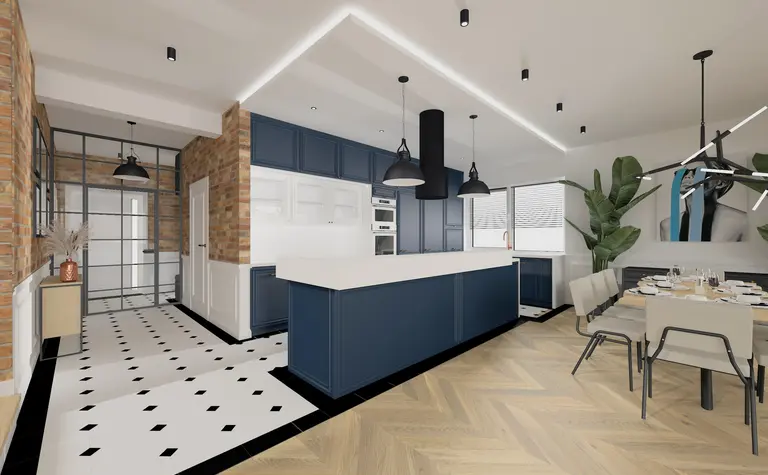 Wnętrze kuchni z niebieskimi meblami i ceglaną ścianą w stylu industrialnym i tradycyjnym.