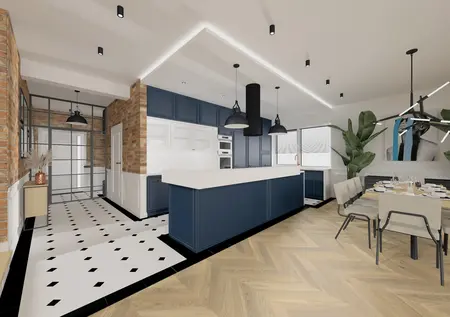 Wnętrze kuchni z niebieskimi meblami i ceglaną ścianą w stylu industrialnym i tradycyjnym.