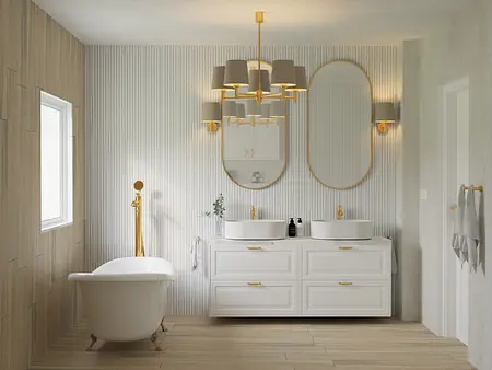 Stylowa łazienka glamour z rustykalnymi akcentami, skandynawski design.