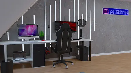 Gabinet w stylu soft minimalizm z biurkiem i nowoczesnym komputerem.
