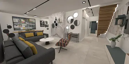 Wnętrze salonu w stylu dopamine decor, industrialnym, japandi, minimaluxe, nowoczesnym, quiet luxury, współczesnym z szarymi meblami i drewnianymi akcentami.