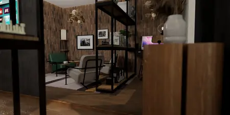 Wnętrze salonu w stylu industrialnym z minimalistycznymi meblami i nowoczesnymi dodatkami.