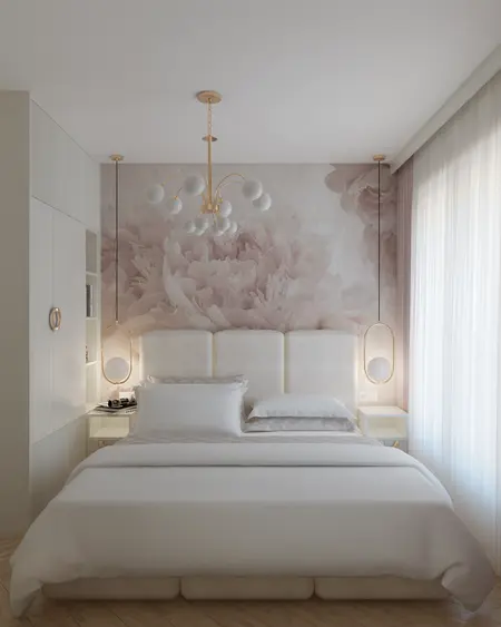 Nowoczesna sypialnia z jasnymi meblami i kwiatową tapetą w stylu glamour.