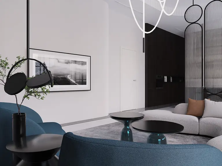 Nowoczesny salon w stylu art deco i glamour z niebieskimi fotelami