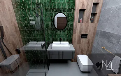 Łazienka w stylu art deco z zielonymi kafelkami i drewnem