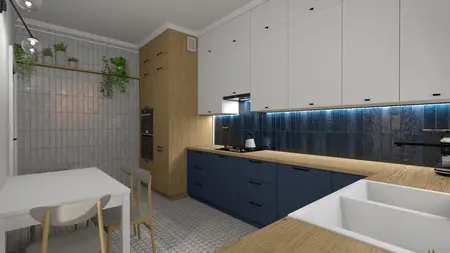 Wnętrze kuchni w stylu art deco, eklektycznym i minimalistycznym z niebieskimi meblami.