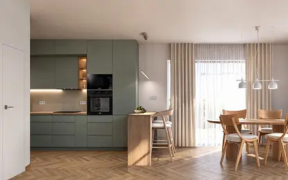 Nowoczesna kuchnia art deco z drewnianymi akcentami i jasnymi zasłonami