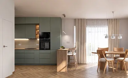 Nowoczesna kuchnia art deco z drewnianymi akcentami i jasnymi zasłonami
