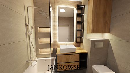Nowoczesna łazienka z drewnianymi elementami, minimalistycznym designem i oświetleniem LED
