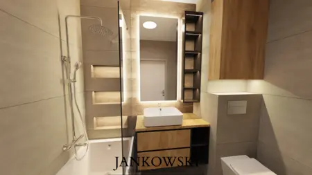 Nowoczesna łazienka z drewnianymi elementami, minimalistycznym designem i oświetleniem LED