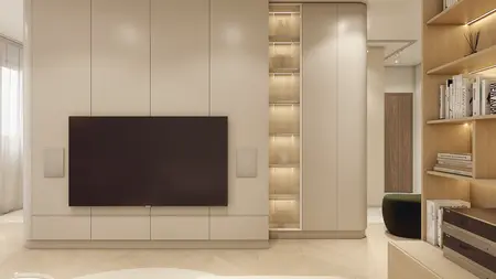 Wnętrze salonu w stylu japandi, minimalistycznym, z nowoczesnymi meblami i drewnianymi akcentami.