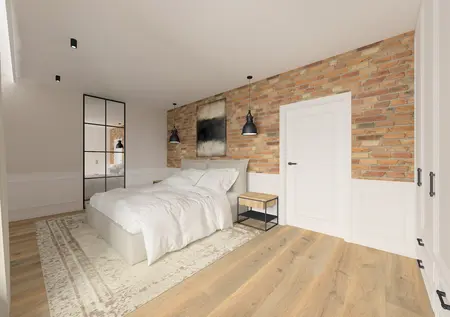 Sypialnia z ceglaną ścianą, białym łóżkiem i industrialnymi lampami.