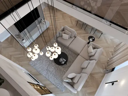 Wnętrze salonu w stylu art deco i quiet luxury z jasną sofą i nowoczesnym oświetleniem.