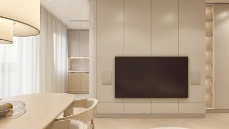Wnętrze salonu w stylu japandi z minimalistycznym oświetleniem i jasnymi meblami.
