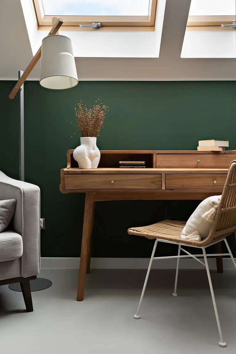 Wnętrze pokoju z drewnianym biurkiem, lampą i boho dodatkami. Styl art deco i glamour.