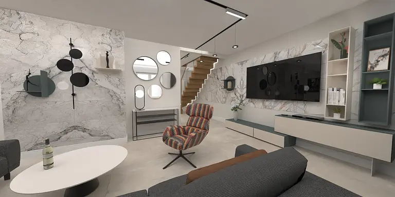 Wnętrze salonu z marmurową ścianą, kolorowym fotelem i minimalistycznym wystrojem. Dopamine decor, industrialny, japandi, minimaluxe, nowoczesny, quiet luxury, współczesny.