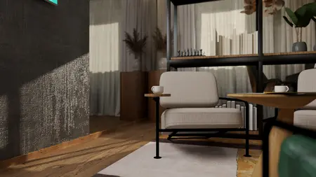Wnętrze w stylu industrialnym i minimalistycznym z beżowymi fotelami i drewnianymi dodatkami.
