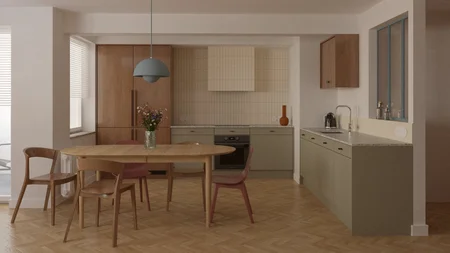 Kuchnia z drewnianymi meblami w stylu dopamine decor i eklektycznym.