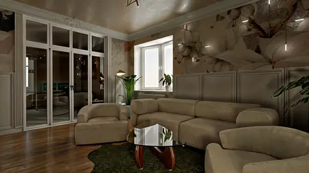 Wnętrze salonu w stylach art deco, minimalistycznym i vintage z beżową sofą.