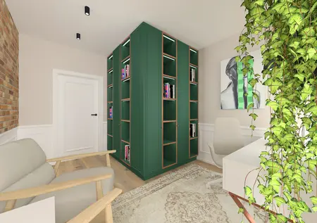 Gabinet z zieloną biblioteczką, roślinami i ceglaną ścianą