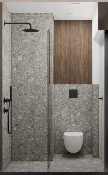 Nowoczesna łazienka z szarymi płytkami i drewnianymi akcentami, minimalistyczny design.