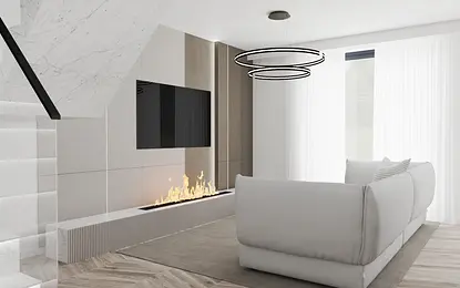 Wnętrze salonu w stylu minimalistycznym z jasną sofą i kominkiem.