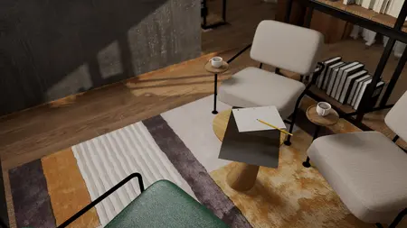 Wnętrze kącika do czytania z fotelami, stolikiem i książkami w stylu industrialnym i minimalistycznym.